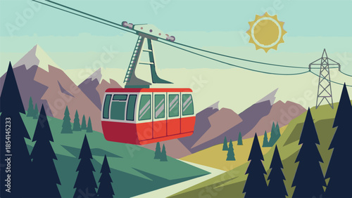 Mountain cable car journey over a picturesque landscape on a sunny day