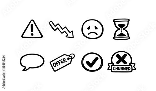 Set of hand-drawn icons representing business concepts like warnings, losses, and offers