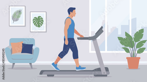 Man exercising on a treadmill in a modern home, promoting fitness and health