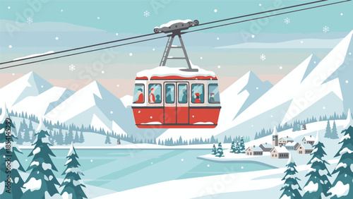 Ski lift gondola in snowy mountain landscape with village and frozen lake