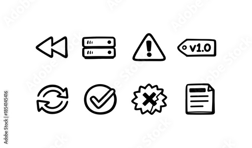 Hand-drawn icons for rewind, server, warning, version, refresh, checkmark, cancel, and document