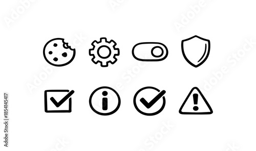 Collection of simple black and white icons representing common digital actions and alerts