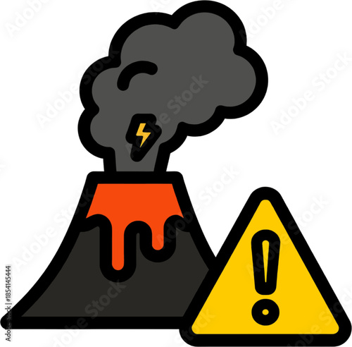 Volcanic Eruption Warning Icon – Cartoon Volcano with Smoke Cloud, Lava Flow and Yellow Exclamation Danger Triangle, Flat Safety Illustration