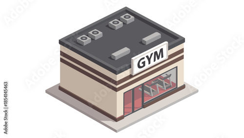 Isometric illustration of a modern gym building with fitness equipment