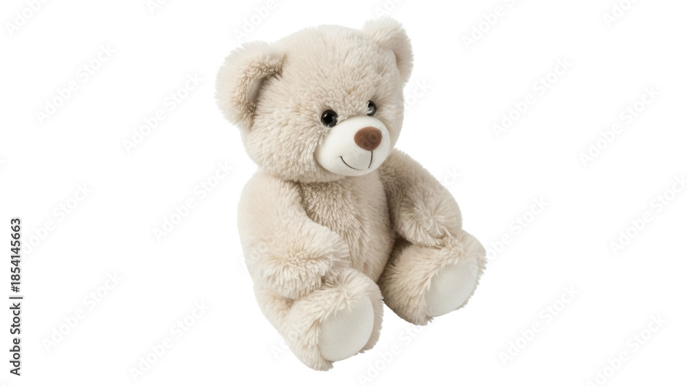 Obraz premium Adorable fluffy teddy bear sitting isolated PNG, soft plush toy for kids and collectors on transparent background