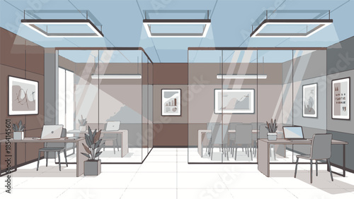 Bright modern office interior with glass partitions and various workspaces