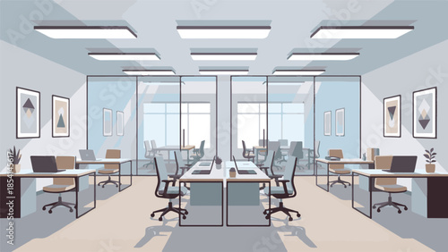 Modern open-plan office interior with glass walls, desks, and laptops