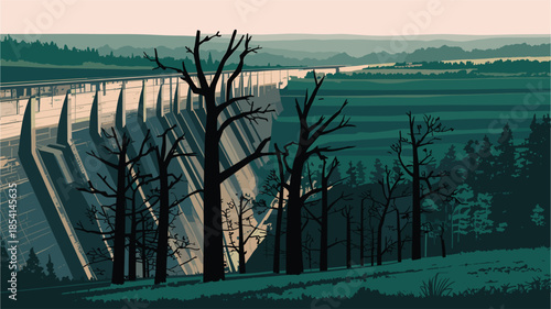 Modern dam structure in serene natural landscape with trees