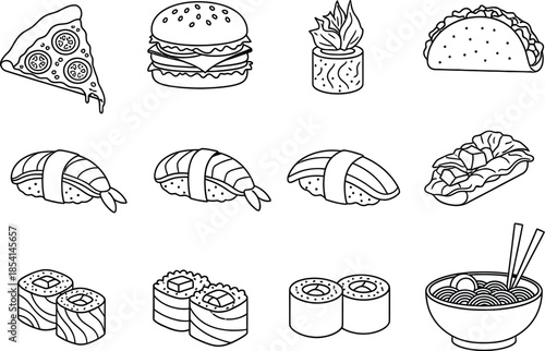 Clean white silhouettes of neat pizza slice burger taco sushi ramen noodle food set