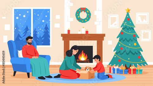 Happy Family Celebrating Christmas at Home in Cozy Living Room with Decorated Tree and Fireplace, Mother and Son Opening Box with Puppy Surprise Gift