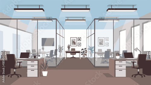 Contemporary open plan business office with desks and meeting rooms