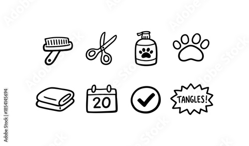 Cute hand-drawn icons representing pet grooming services and care essentials
