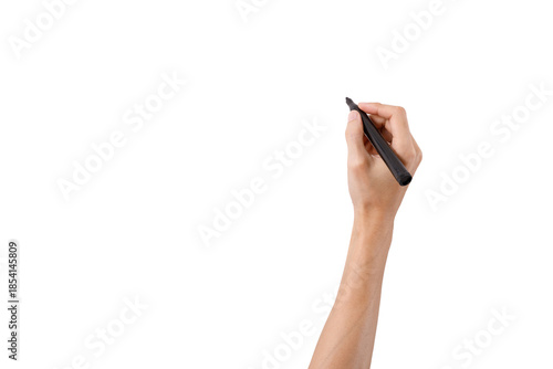 Hand holding black marker for writing isolated on white background