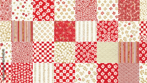 Vibrant patchwork of red and white floral patterns and geometric designs
