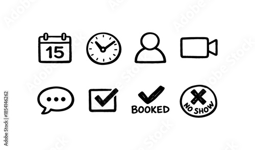 Hand-drawn icons for calendar, clock, person, video, chat, and booking status