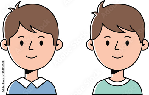 Two cartoon boys avatars with different skin tones and shirts, simple illustration of male children faces and upper bodies