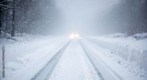 Snowy road with car headlights on during heavy snowfall in winter forest landscape with tire tracks