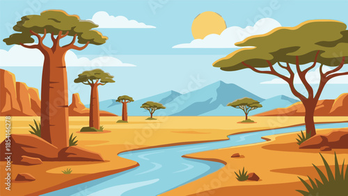 Cartoon Savanna Landscape with River, Baobab Trees, and Distant Mountains