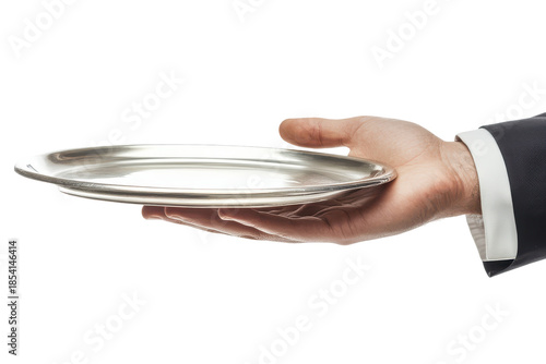 Hand holding a silver serving dish isolated on transparent background. Butler's hand with silver tray isolated on white background.