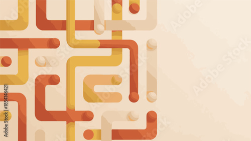 Abstract geometric pattern with colorful interconnected pipes and spheres