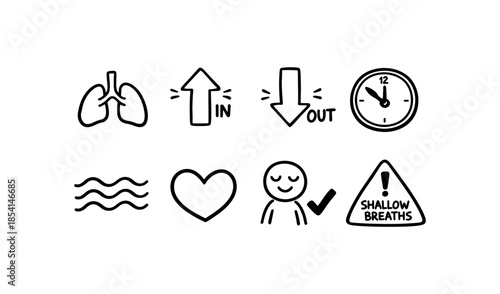 Hand-drawn icons representing breathing, health, and time for medical concepts