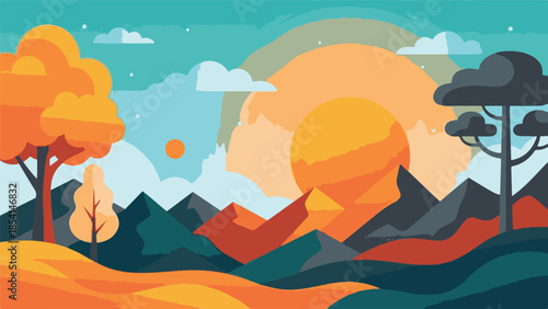 Colorful Nature Scene with Sun, Mountains, Trees, and Clouds