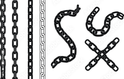 Black chain set illustration, metal link shapes, broken curved crossed chains, industrial design elements isolated on white background, vector graphic