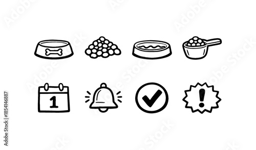 Set of hand-drawn icons representing pet care and reminders for feeding schedules
