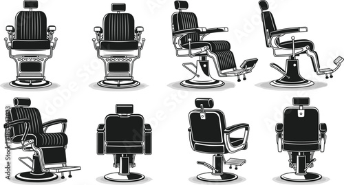 Barber chair silhouette set illustration, vintage salon furniture collection, professional hairdressing equipment icons isolated on white background vector