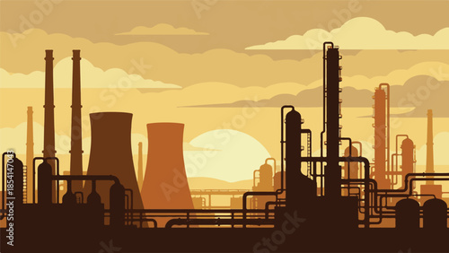 Industrial factory and power plant silhouette at sunrise or sunset