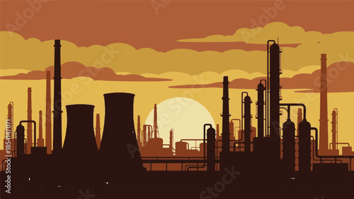 Industrial factory silhouette against a dramatic sunset or sunrise sky