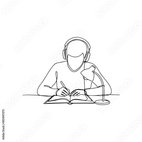 Student studying with headphones isolated on transparent background
