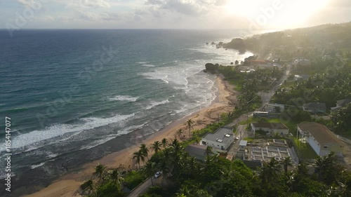 Bathsheba Beach aerial view including mushroom rock in village of Bathsheba, Saint Joseph, Barbados. 