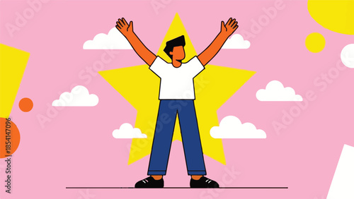 Man with arms raised celebrating success against a bright star background