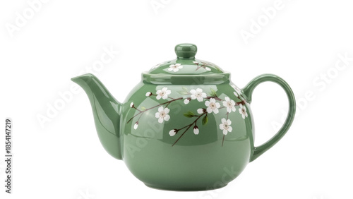 Valokuva Green ceramic teapot with floral design isolated PNG, vintage style tea kettle f