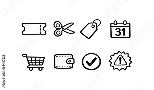 Set of hand-drawn icons representing shopping, finance, and important alerts