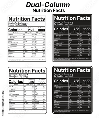 Dual-column Nutrition Facts labels Vector file in black and white, showcasing both light and dark versions And PNG file