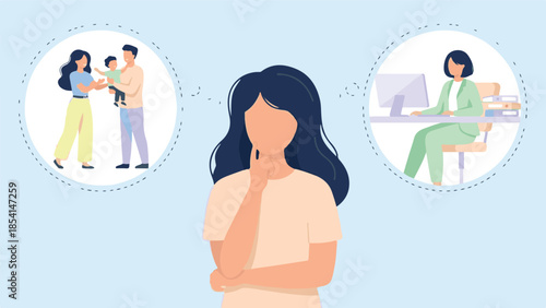 Woman pondering career vs. family choice, work-life balance dilemma