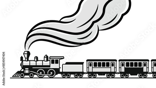Simple Black and White Cartoon Steam Train with Puffs of Smoke