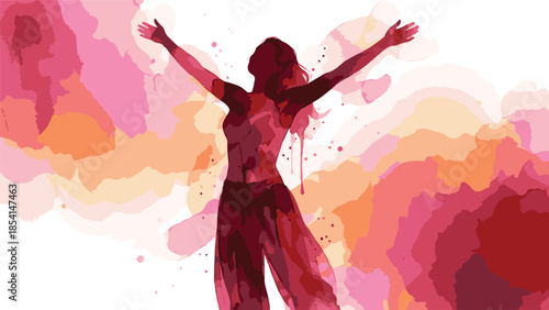 Woman silhouette with arms raised in vibrant watercolor splash background