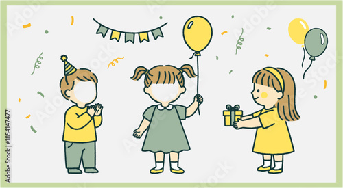 Happy children birthday celebration vector template. Group of kids with balloons and gifts, blank faces for photo insertion.