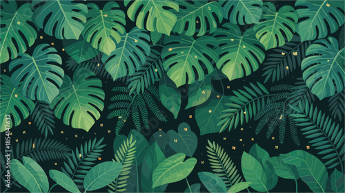 Vibrant tropical jungle foliage with lush green leaves and golden accents