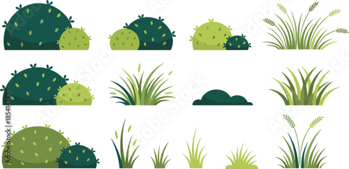 Collection of green bushes and grass tufts with texture, vector nature elements for game landscape design isolated on white background.