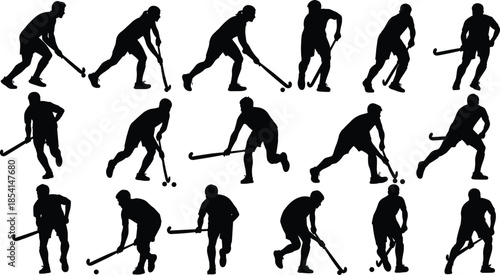 Ice hockey player silhouette set illustration, dynamic skating shooting poses collection, professional winter sports action figures isolated on white background