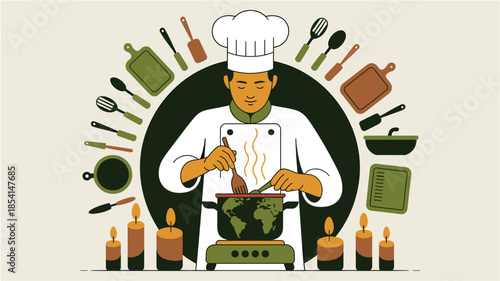 Chef cooking on stove with kitchen utensils around him