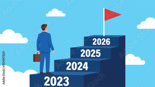 Businessman on a staircase with yearly goals 2023-2026 leading to success