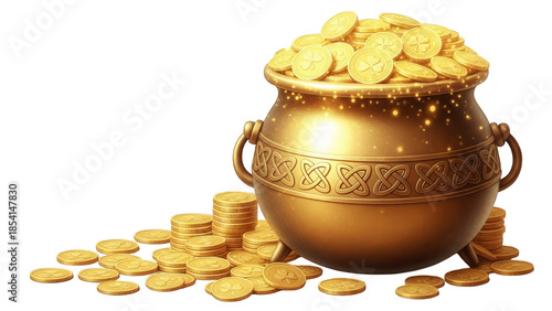 A large ornate golden pot filled with gold coins on a white surface with some coins scattered around it isolated on transparent background