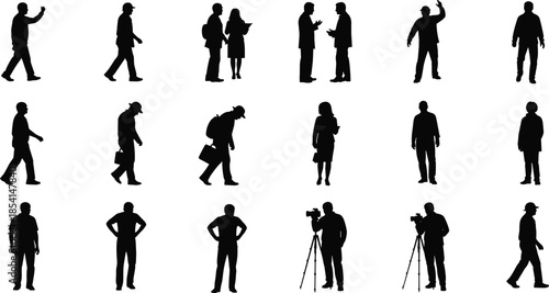 People walking silhouette set illustration, men women pedestrian movement poses collection, urban lifestyle human figures isolated on white background