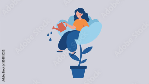 Self-care and personal growth concept with woman watering a plant