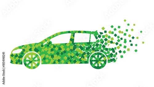 Eco-friendly car concept with green pixels dissolving on white background